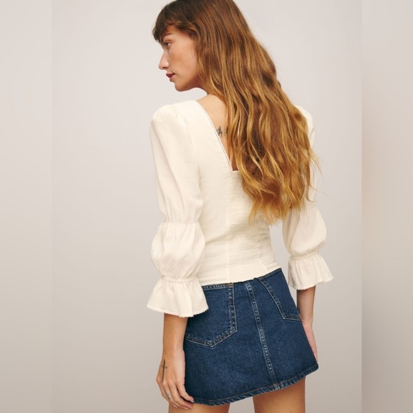 Reformation Amalie Tiered Square Neck Long Sleeve Top Embroidered Ivory | size 2 - Picture 2 of 12